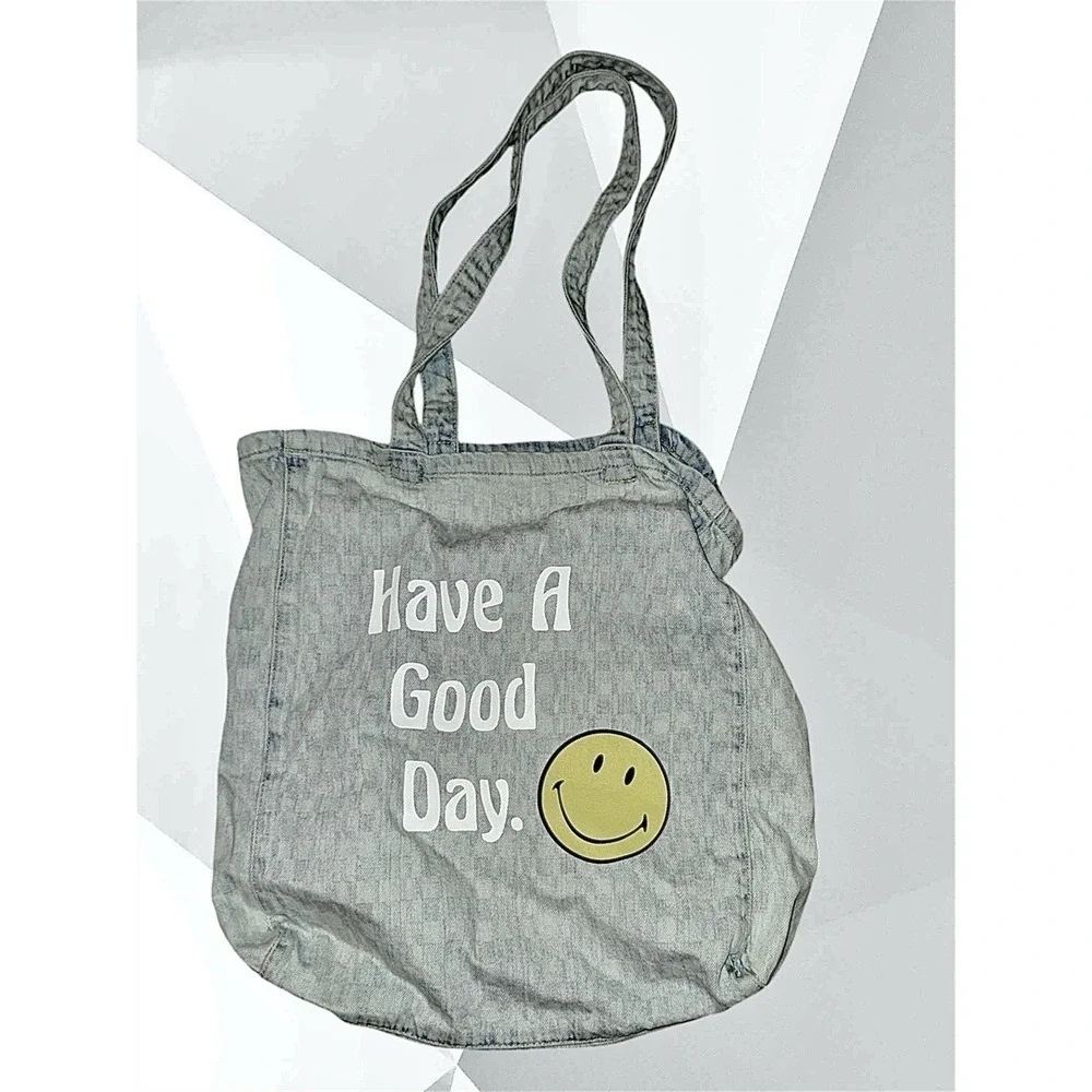 American Eagle Smiley Face Denim Tote Bag Have A Good Day Y2K Aesthetic Blue AE